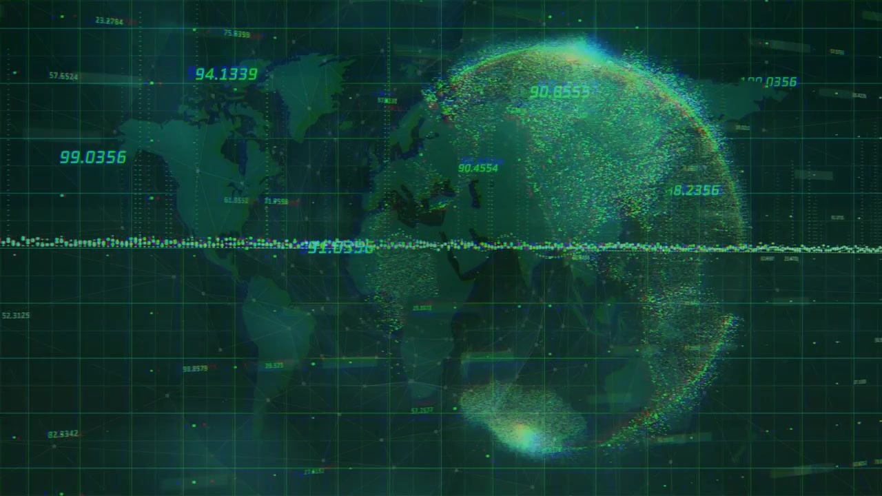 Waveform pulse starting particle globe forming over map, telemetry updating showing analytics