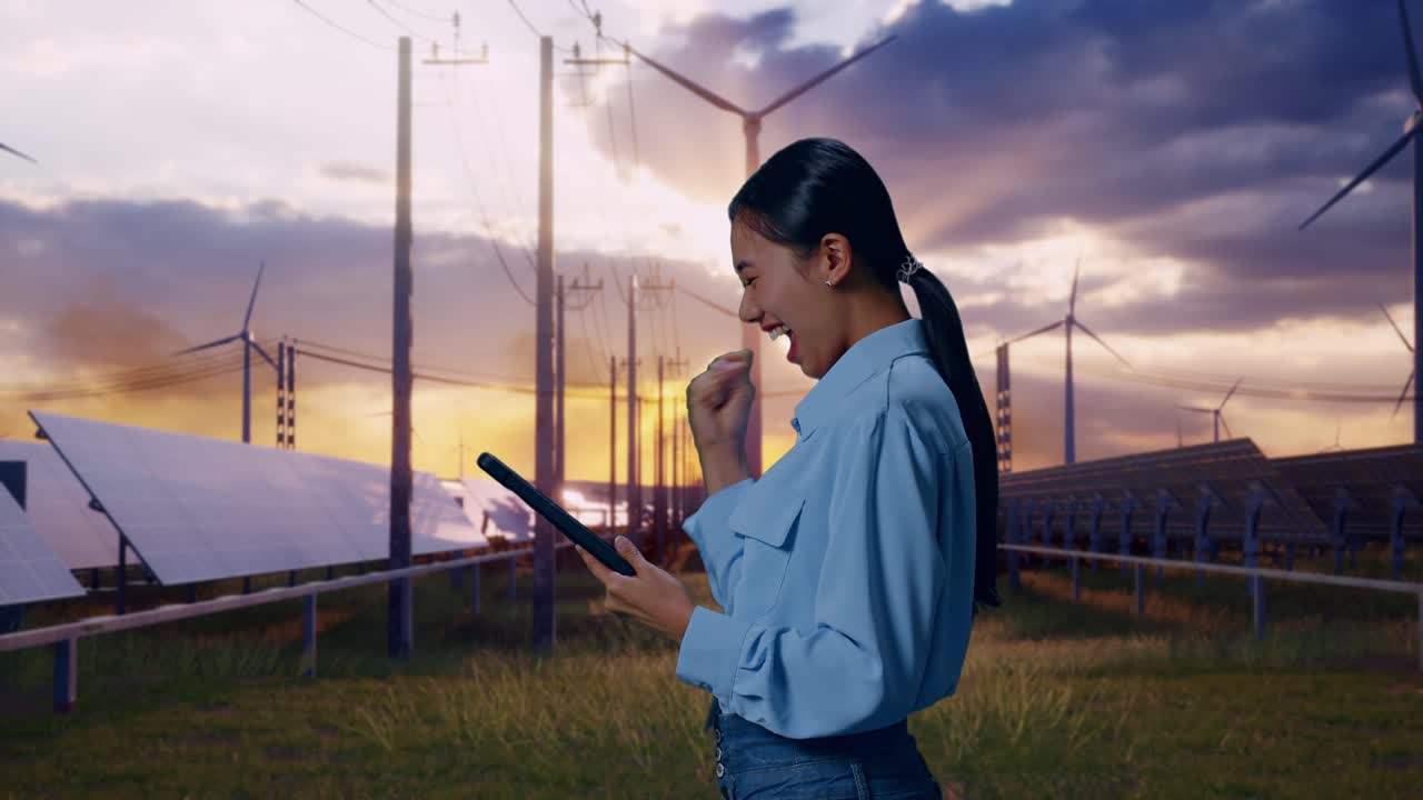Side View Of Asian Female With Her Tablet With Solar Panel and Wind Turbines, She Raises Her Fist Up With Screaming Goal After Check On The Tablet