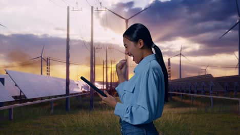 side view of asian female with her tablet with solar panel and wind turbines, she raises her fist up with screaming goal after check on the tablet