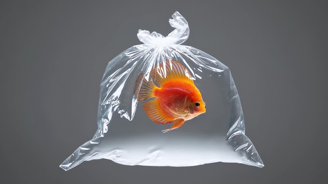 Symbolizing environmental pollution, a tropical fish is struggling to breathe inside a tied plastic bag against a gray backdrop, raising awareness about plastic waste and its impact on marine life