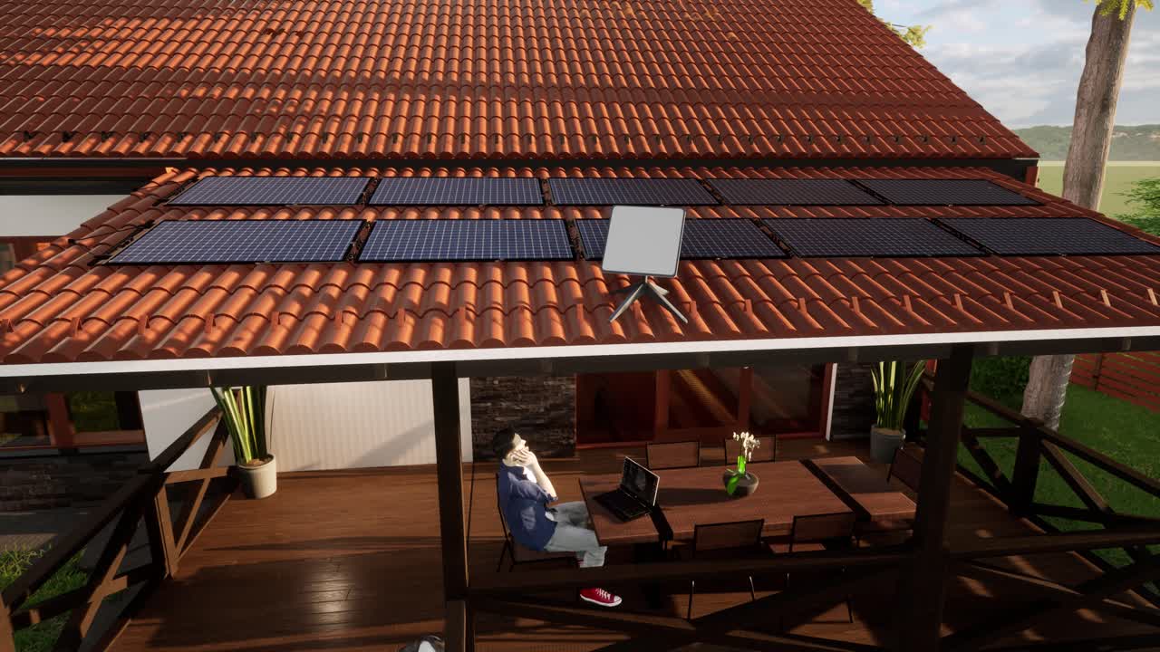 Modern House with Solar Panels and Satellite Internet on Rooftop