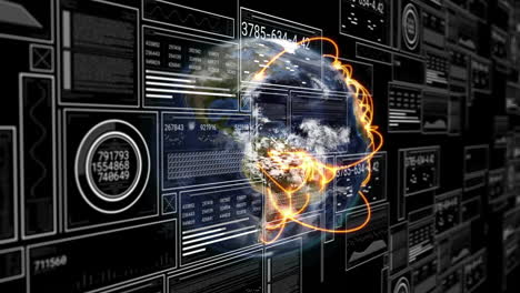 Animation-Einer-Schnittstelle-Mit-Diagrammen,-Die-Daten-über-Einem-Globus-Mit-Leuchtend-Orangefarbenem-Netzwerk-Auf-Schwarz-Verarbeiten