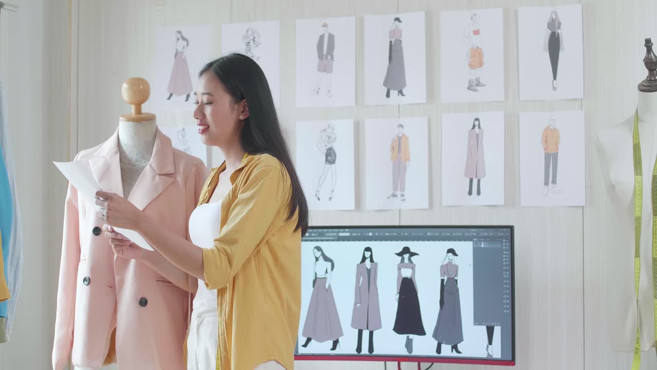 亞洲女設計師在工作室內，身旁放著縫紉機，她手持圖片，邊思考邊踱步，同時進行服裝設計