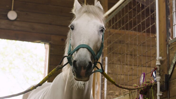 Beautiful White Horse In A Stable, Looking At Front