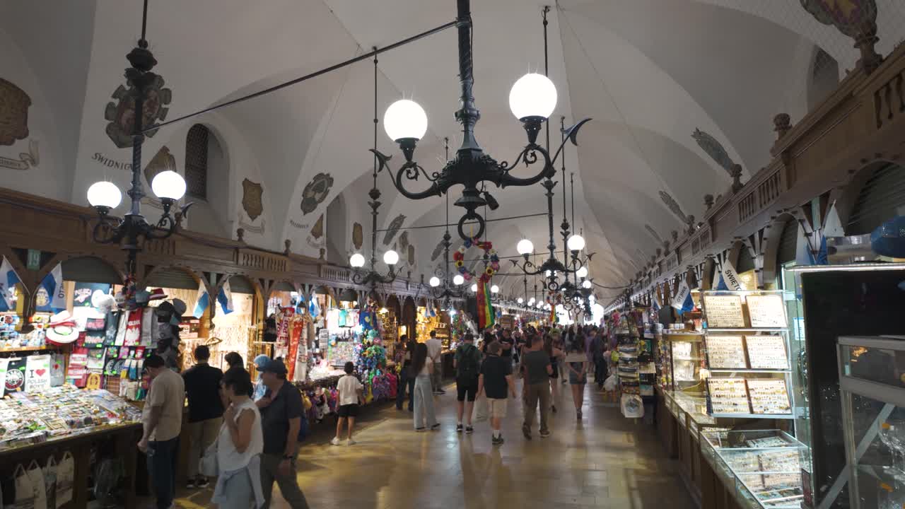 Establishing pan of Cloth Hall, the Sukiennice, a famous Renaissance building in the Main Square