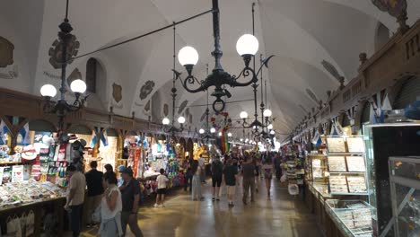 establishing pan of cloth hall, the sukiennice, a famous renaissance building in the main square