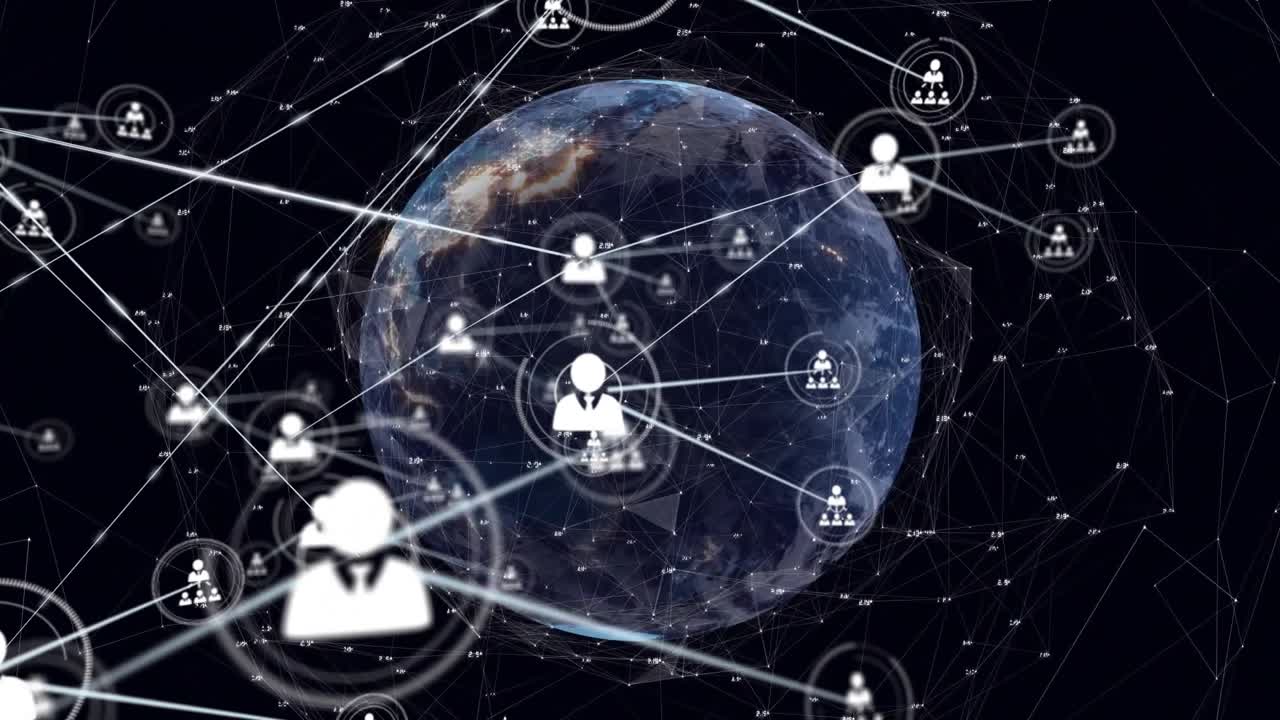 Central pulsing user icon sending lines as icons spawning linking, showing network around globe