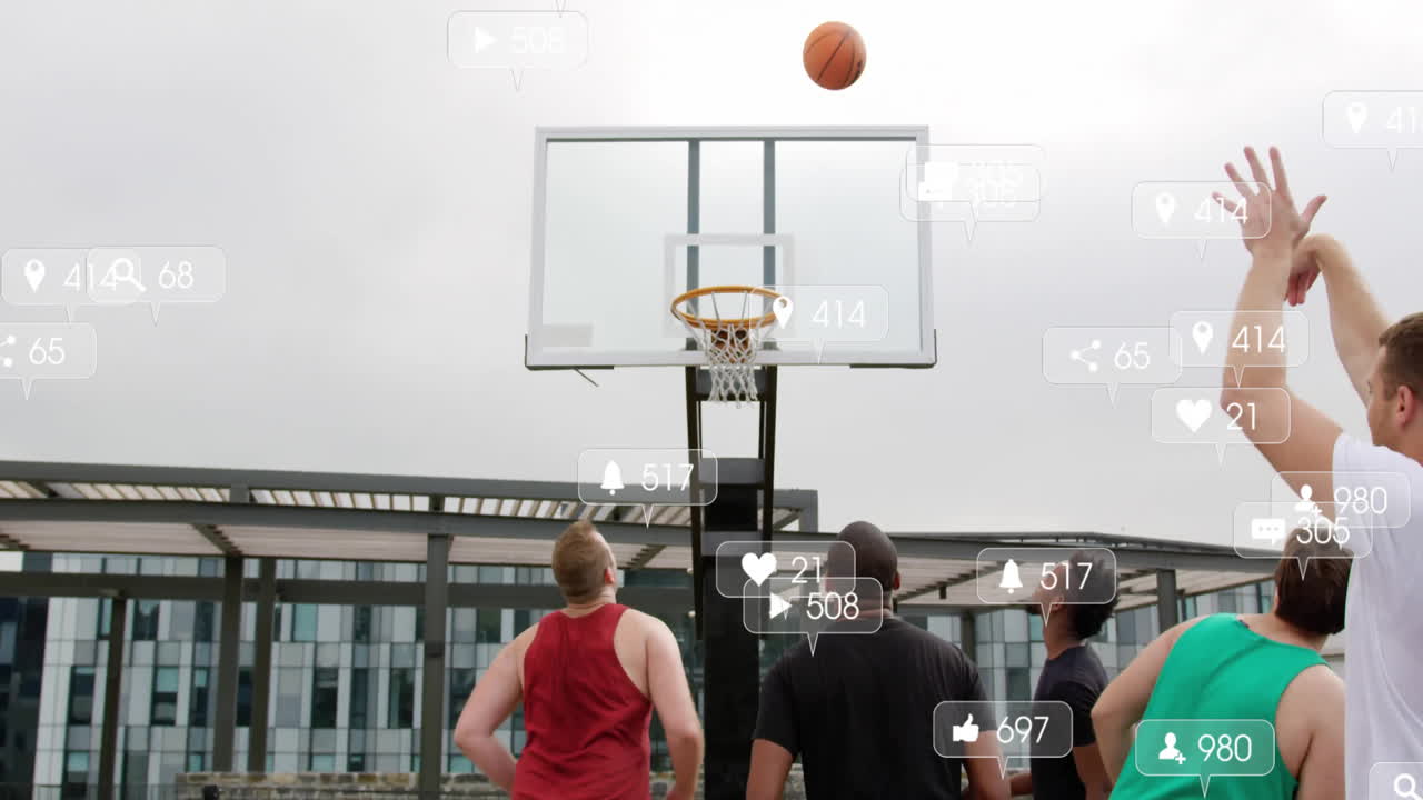 Shooting hoop, basketball players with animation of social media notifications in gym