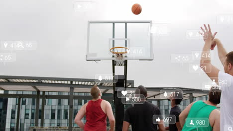 shooting hoop, basketball players with animation of social media notifications in gym