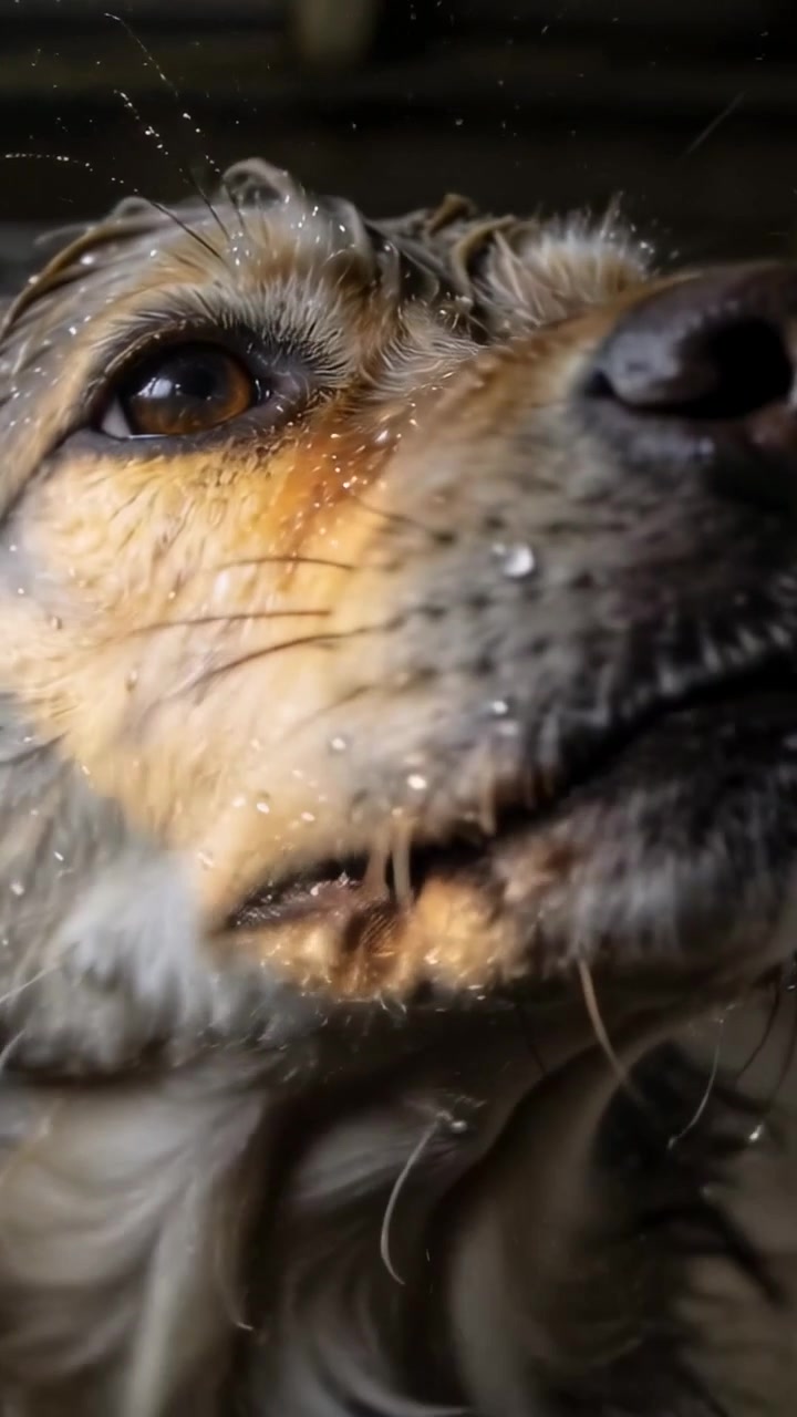Video verticale: Cane che inclina la testa, scrollandosi l'acqua di dosso e facendo cadere goccioline dai baffi in un garage.
