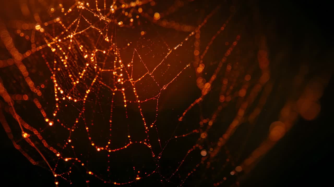 Shifting camera focusing on spider web strands with dewdrops in garden producing warm bokeh cascade