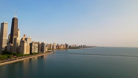 city by the lake chicago skyline sunny morning drone