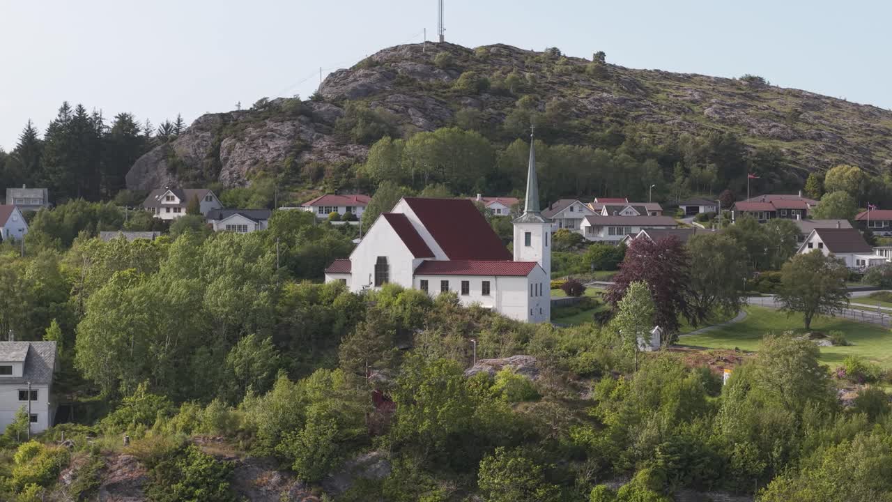 Bomlo Church In The Village Of Langevag, Hordaland, Norway. Aerial Shot