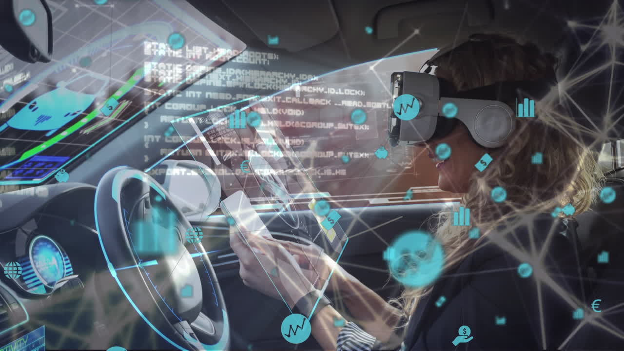 red de iconos digitales contra la mujer que usa auriculares vr usando tableta digital en un coche de conducción autónoma