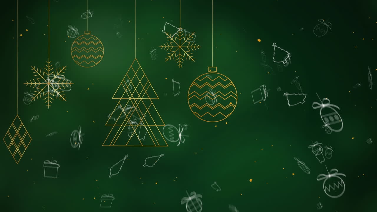 animación de símbolos navideños que caen sobre decoraciones navideñas en fondo verde