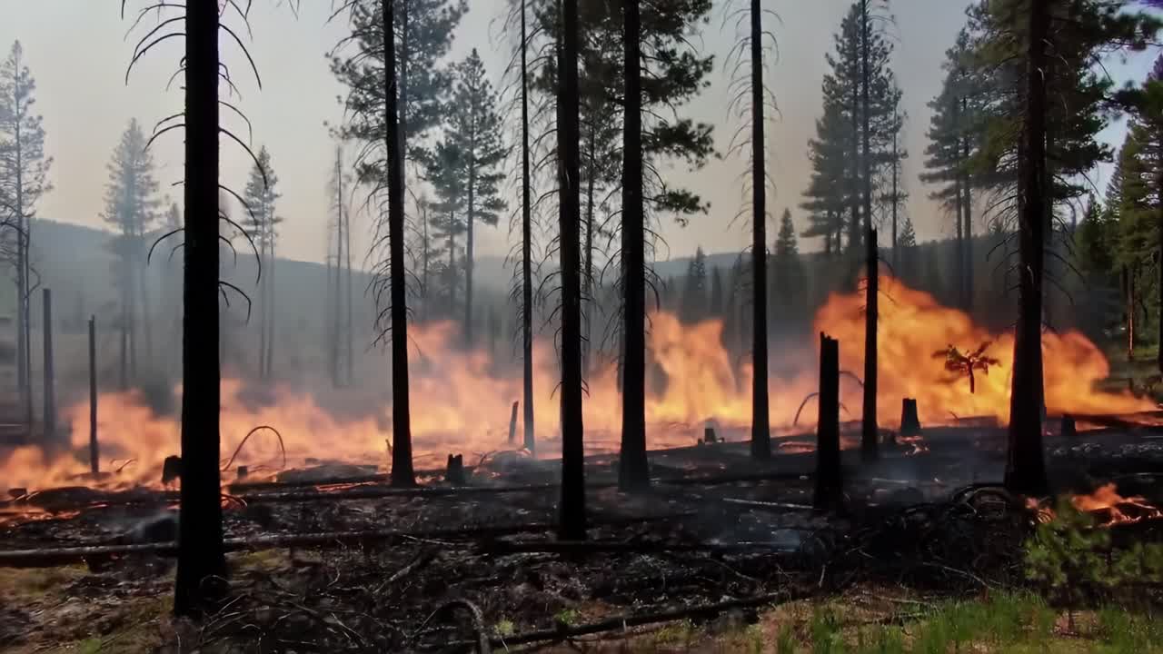 Devastating Wildfire Consumes Forest Landscape, Leaving Blackened Trees and Smoke in Its Wake as Flames Dance Amidst the Charred Remains of Nature's Beauty