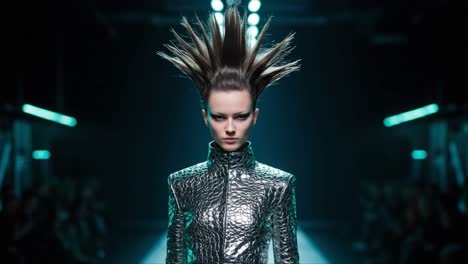 a striking fashion model showcases an edgy hairstyle and futuristic outfit on the runway, with dramatic lighting enhancing the avant-garde aesthetic