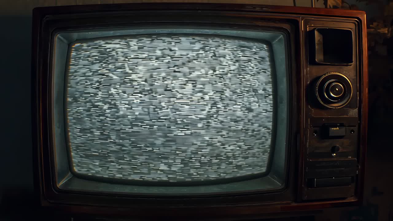 Zooming camera moving into close-up on CRT television showing static in lounge, with control knobs