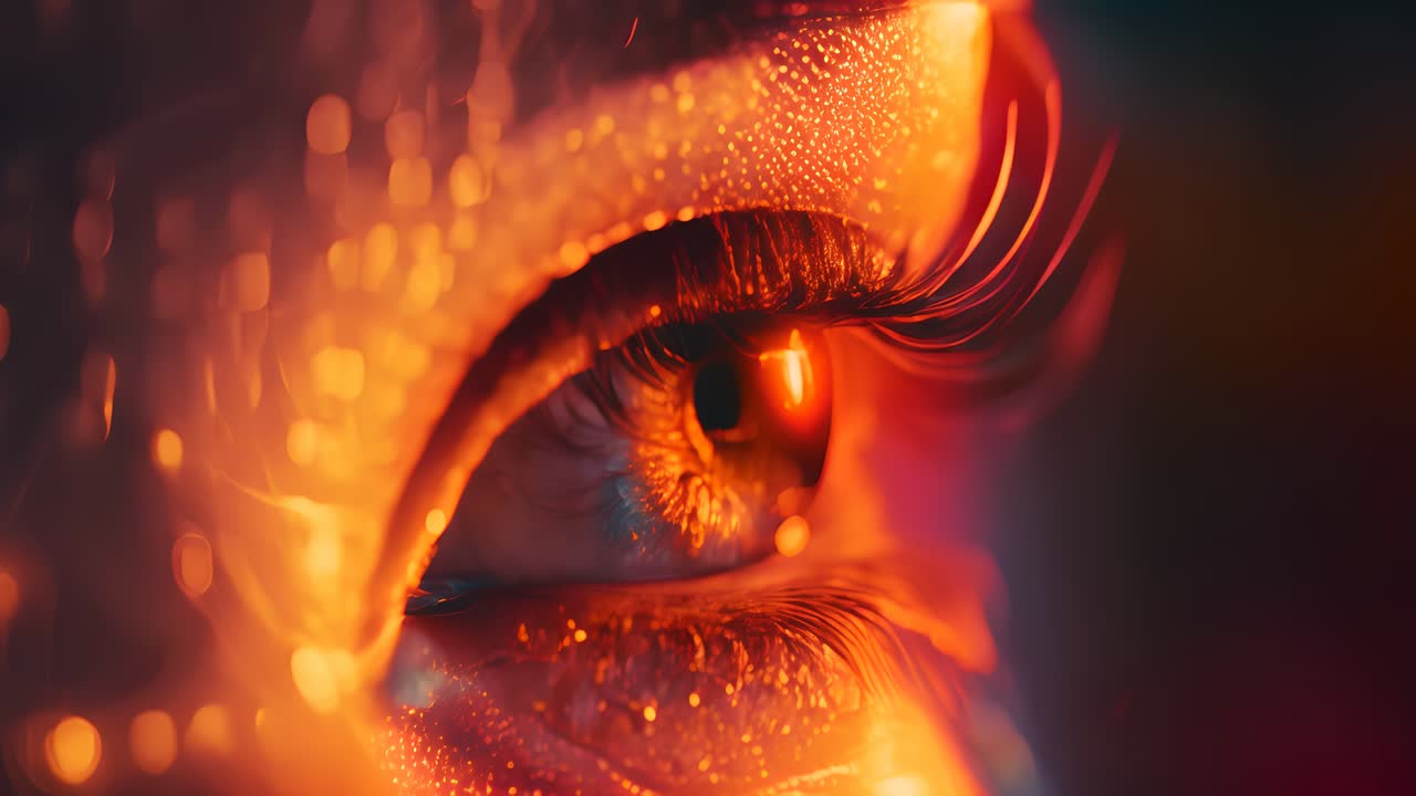 Close-up of a glowing eye with orange glitter makeup