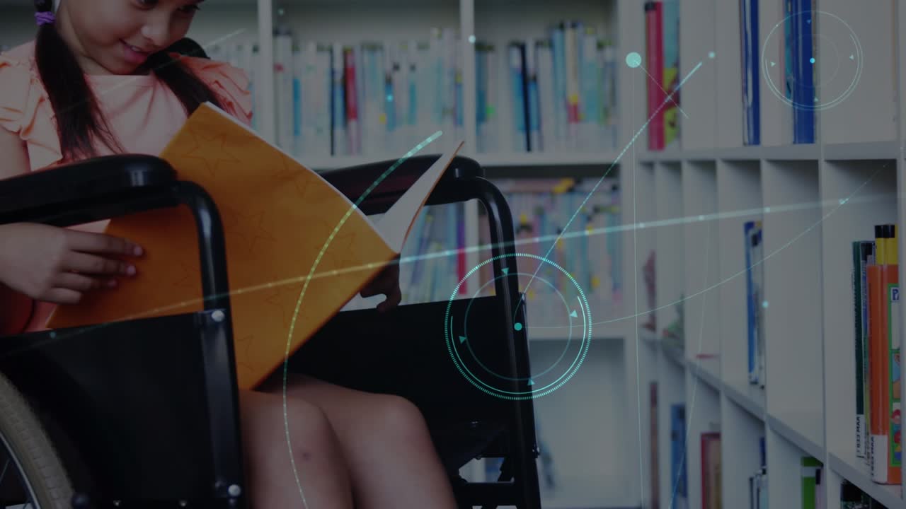 Animation of network of connections over disabled caucasian schoolgirl learning in library
