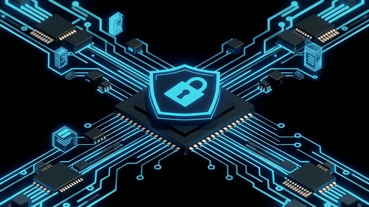 Animated Microchip with Security Shield and Glowing Data Network