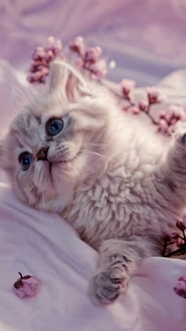 a fluffy kitten lies on soft pink fabric with flowers, captured in a close-up angle
