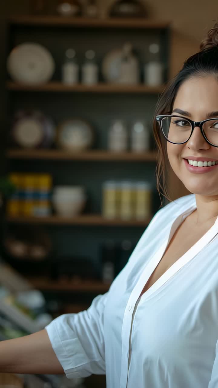 Vídeo vertical: mujer sonriente con gafas y top blanco en el mostrador frente a la cámara alcanzando un bote en la estantería, espacio para texto
