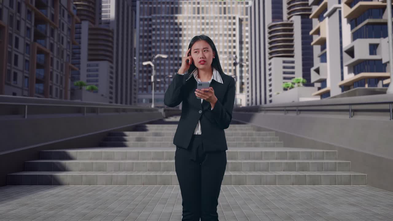 아시아의 사업가 여성이 생각하고 주변을 둘러보며 도시에서 휴대전화를 사용하는 동안 지표손가락을 들어 올립니다.