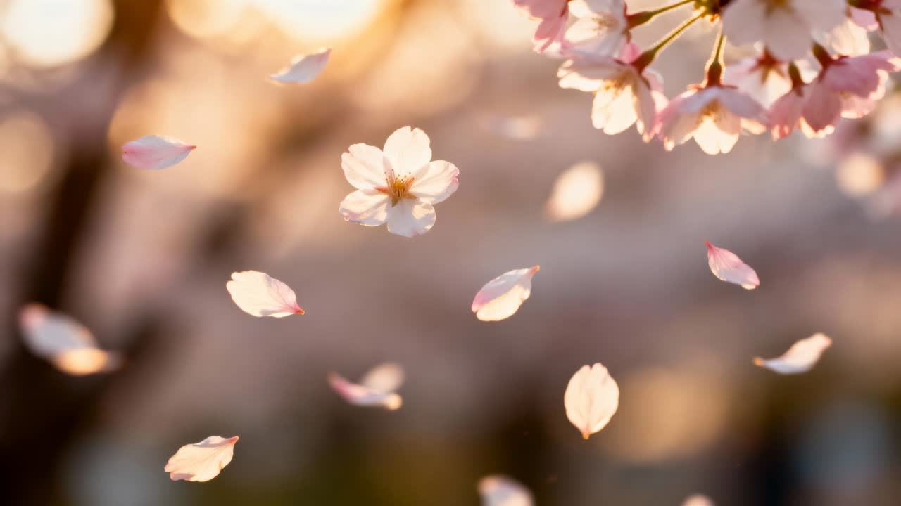 公園のそよ風に揺れる桜の枝から花びらが舞い落ちる。暖かな日差し、遠くを歩く人。
