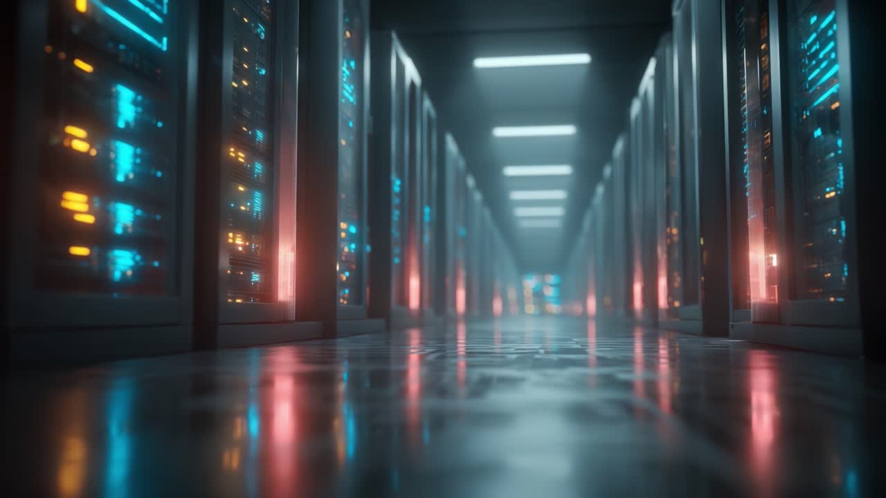 Et glimt ind i et højteknologisk datacenter: Oplyste rækker af servere afspejler et futuristisk miljø fyldt med farverige LED-lys og polerede gulve.