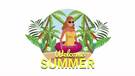letras de bienvenida de verano con dama en flotador