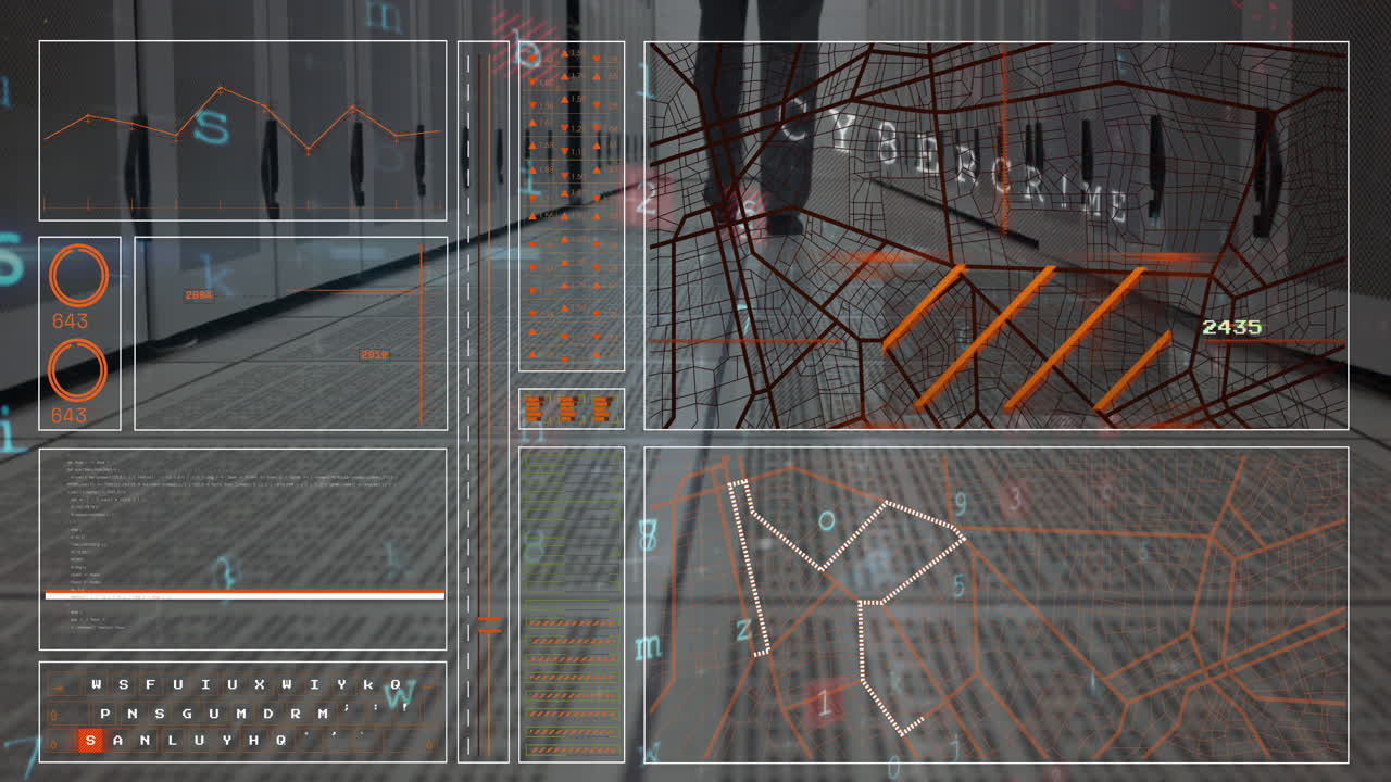 animación de patrones abstractos, textos, números, letras, sección baja de un hombre caminando en la sala del servidor