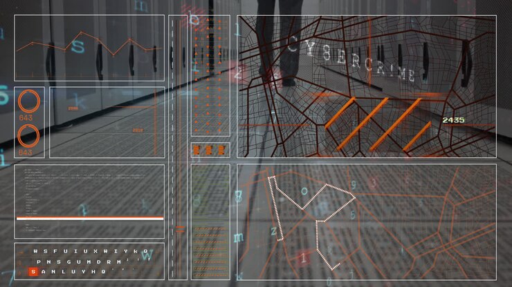 Animation of abstract patterns, texts, numbers, letters, low section of man walking in server room