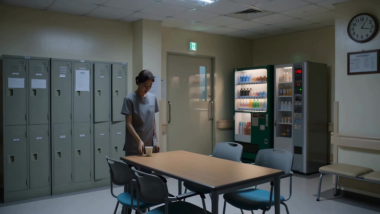 Sygeplejerske i uniform løfter kop, drikker i pauserummet i sin pause, går hen til bordet og tjekker uret.