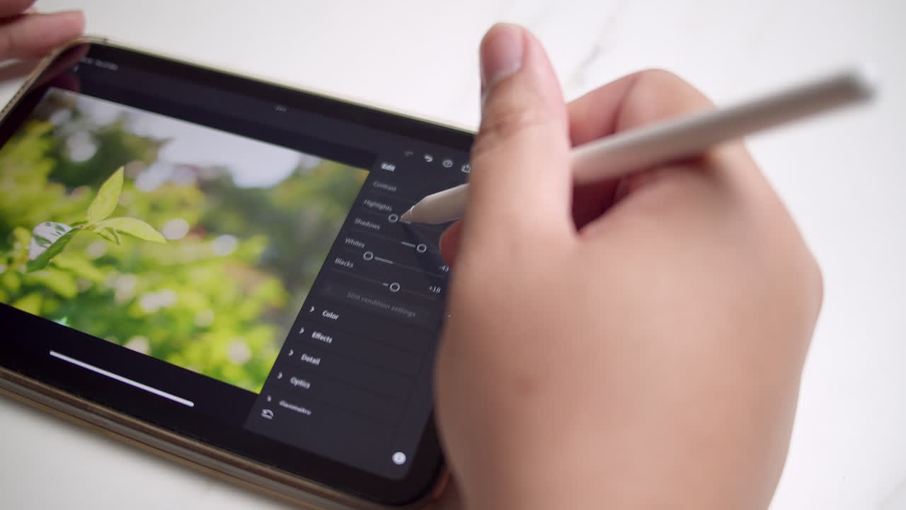 Doing some post-production editing of a photograph of a plant using a mobile smart tablet and adjusting the colors, lights, shades, and saturation with a stylus pen