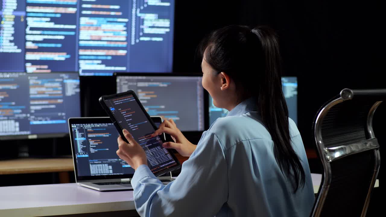 Back View Of Asian Female Programmer Looking At Database On Tablet While Writing Code By A Laptop Using Multiple Monitors Showing Database On Desktops In The Office