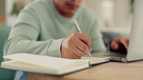 notebook, pen or hands of person writing research