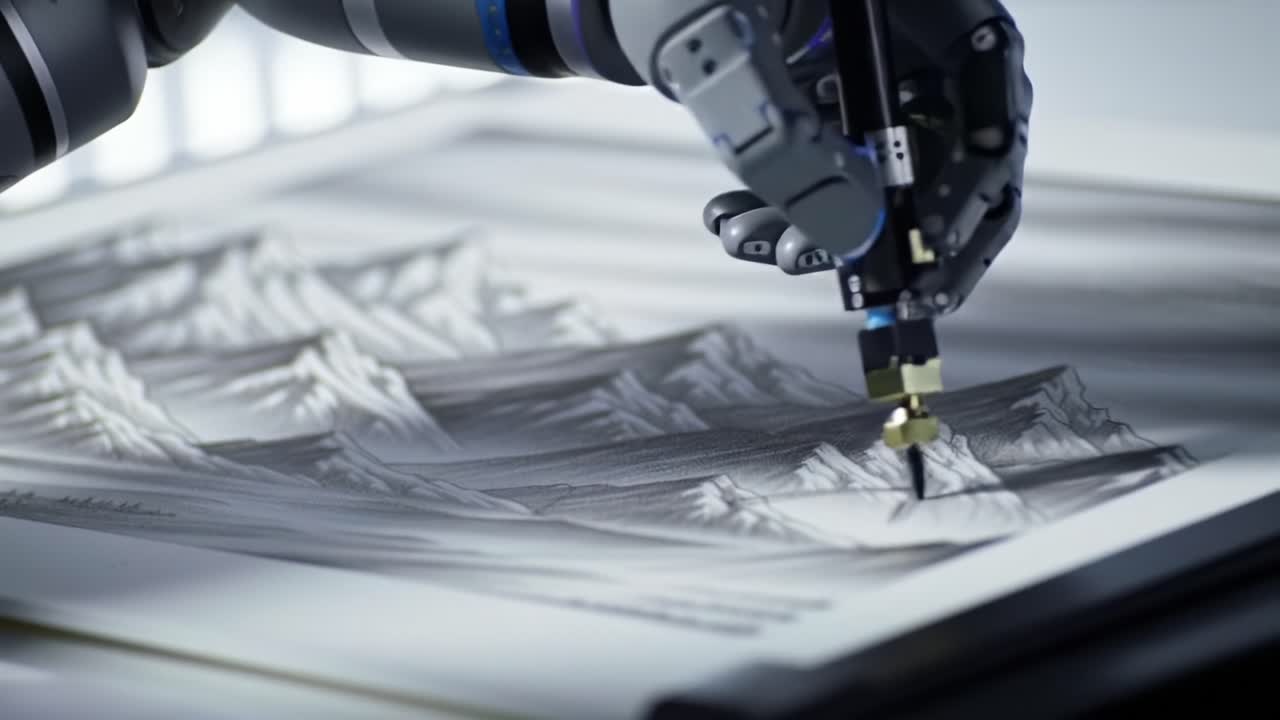 A Robotic Hand Skillfully Illustrates a Detailed Landscape Drawing with Precision, Showcasing Advanced Technology and Artistic Creativity in a Contemporary Art Setting