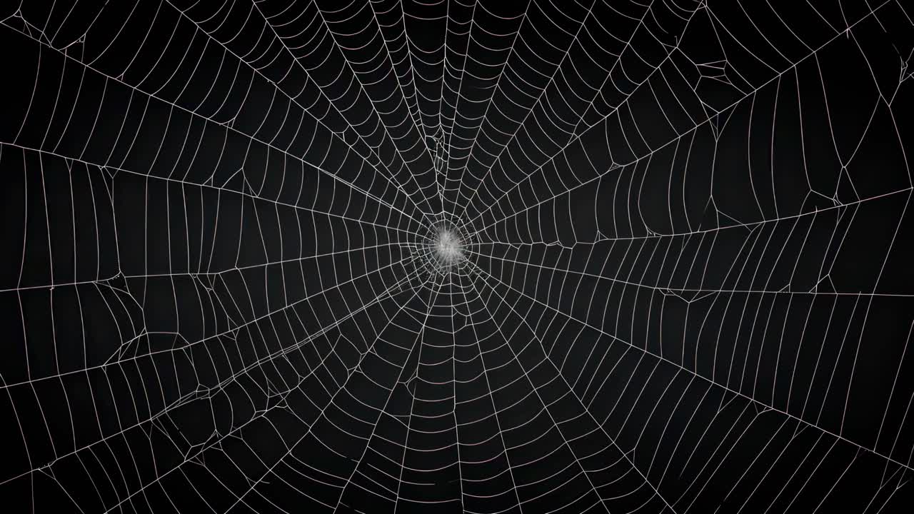 Centered top-down view of a spider web against a dark background, showcasing intricate patterns