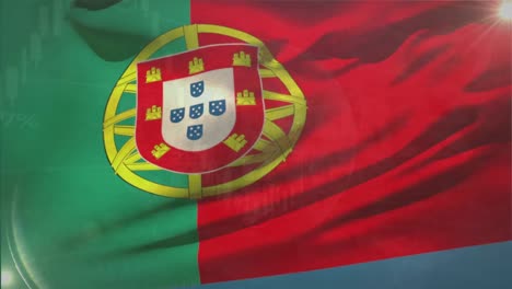 animation of statistical data processing against waving portugal flag