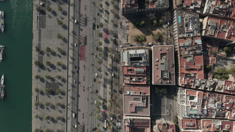 High-angle-view-of-traffic-in-streets-in-centre-of-city.-Wide-multilane-road-along-waterfront-and-pedestrian-zone-with-palm-trees.-Barcelona,-Spain