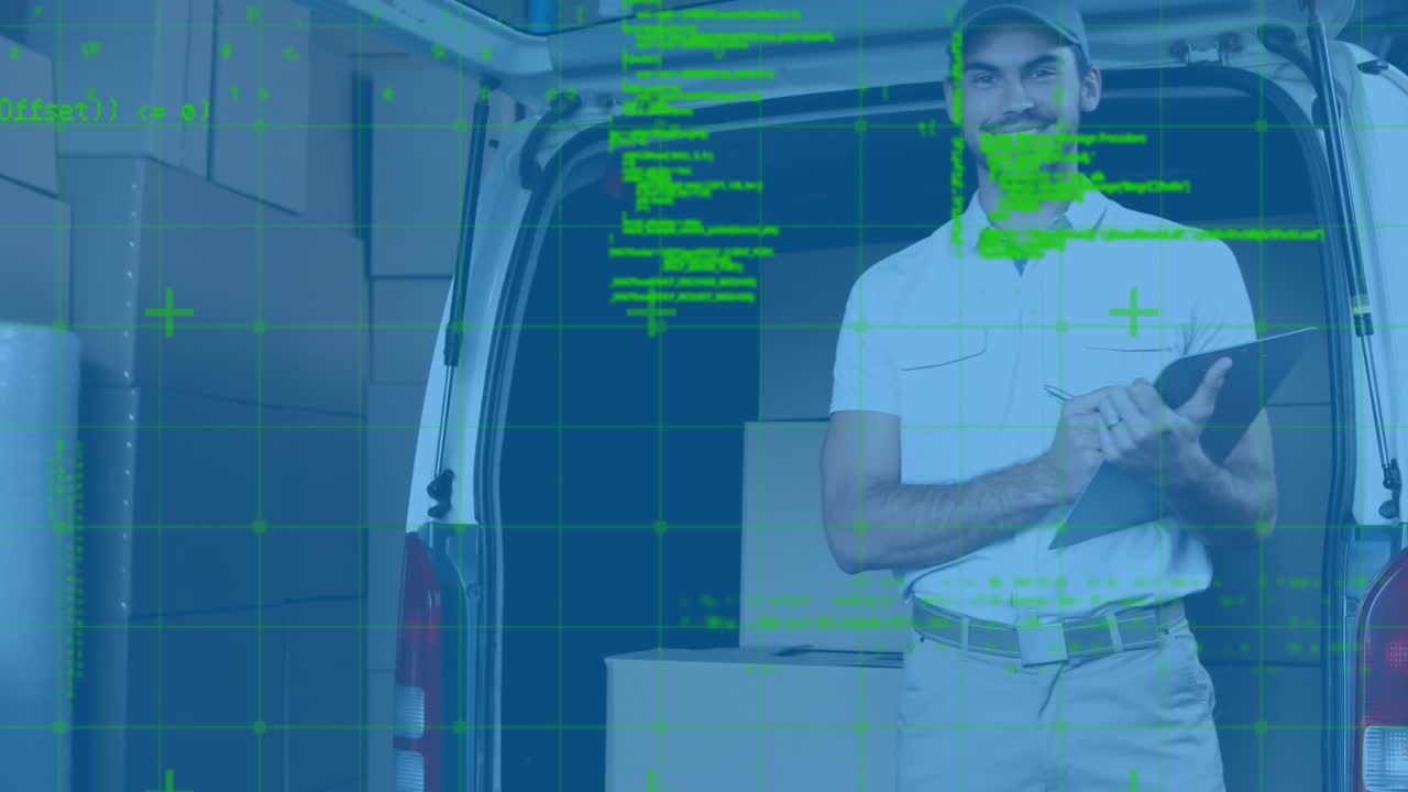 Animation af databehandling over budmand med clipboard ved varevogn