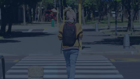 walking on crosswalk, person with backpack over bar graph animation