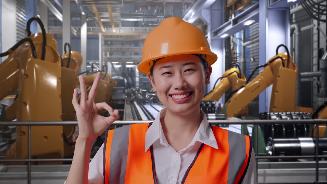 Close Up Of Asian Female Engineer With Safety Helmet Smiling And Showing Okay Gesture To The Camera While Standing With Industrial Robotic Arms Working