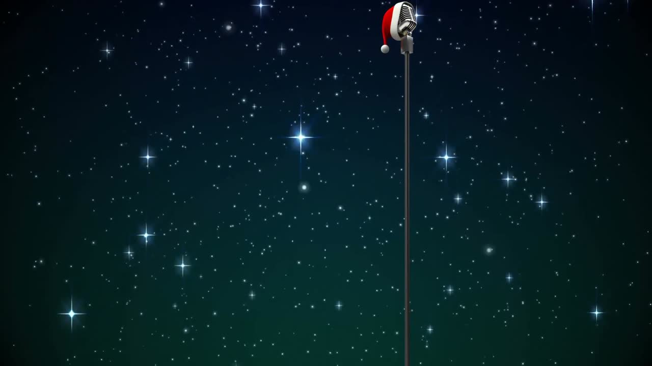 animación de estrellas cayendo sobre el micrófono con sombrero de navidad en un fondo oscuro