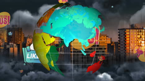 spinning globe and multiple social media icons floating against dark clouds and cityscape
