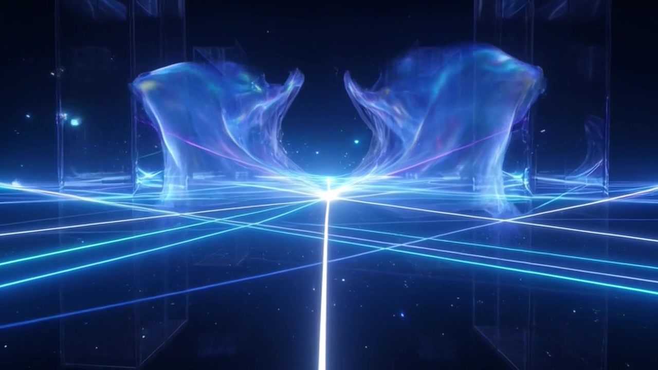 Motion graphics astratte con fasci di luce blu luminosi e forme fluide