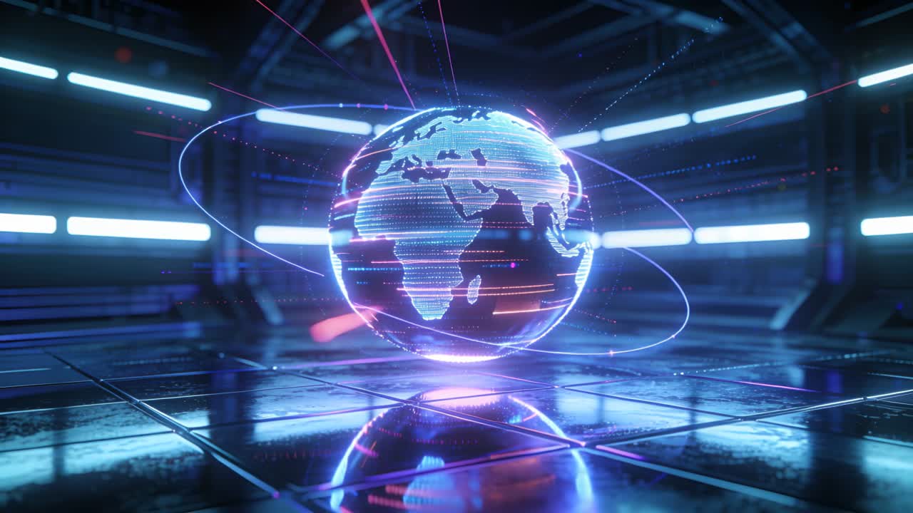 Projector powering, holo globe rotating over grid, rings tilting, scanlines shifting for tech demo