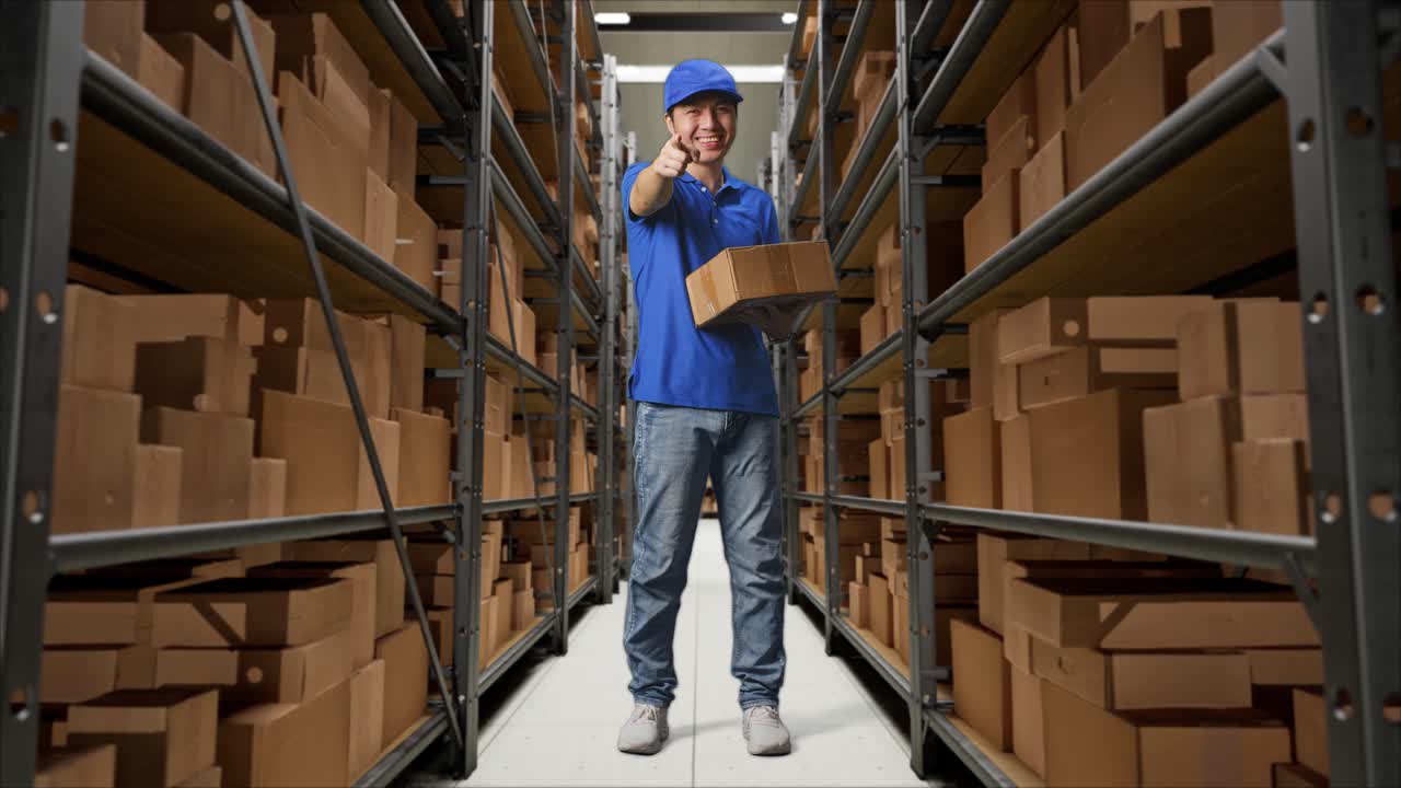 cuerpo lleno de mensajero masculino asiático en uniforme azul sonriendo y haciendo un gesto honesto mientras entrega una caja en el almacén