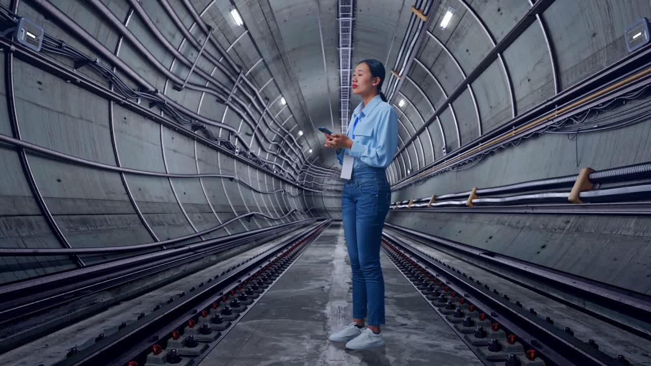 Full Body Side View Of Asian Female Worker With Her Phone In Underground Subway Tunnel, She Observes By Looking Around Before She Come To Concentrating With Her Smartphone